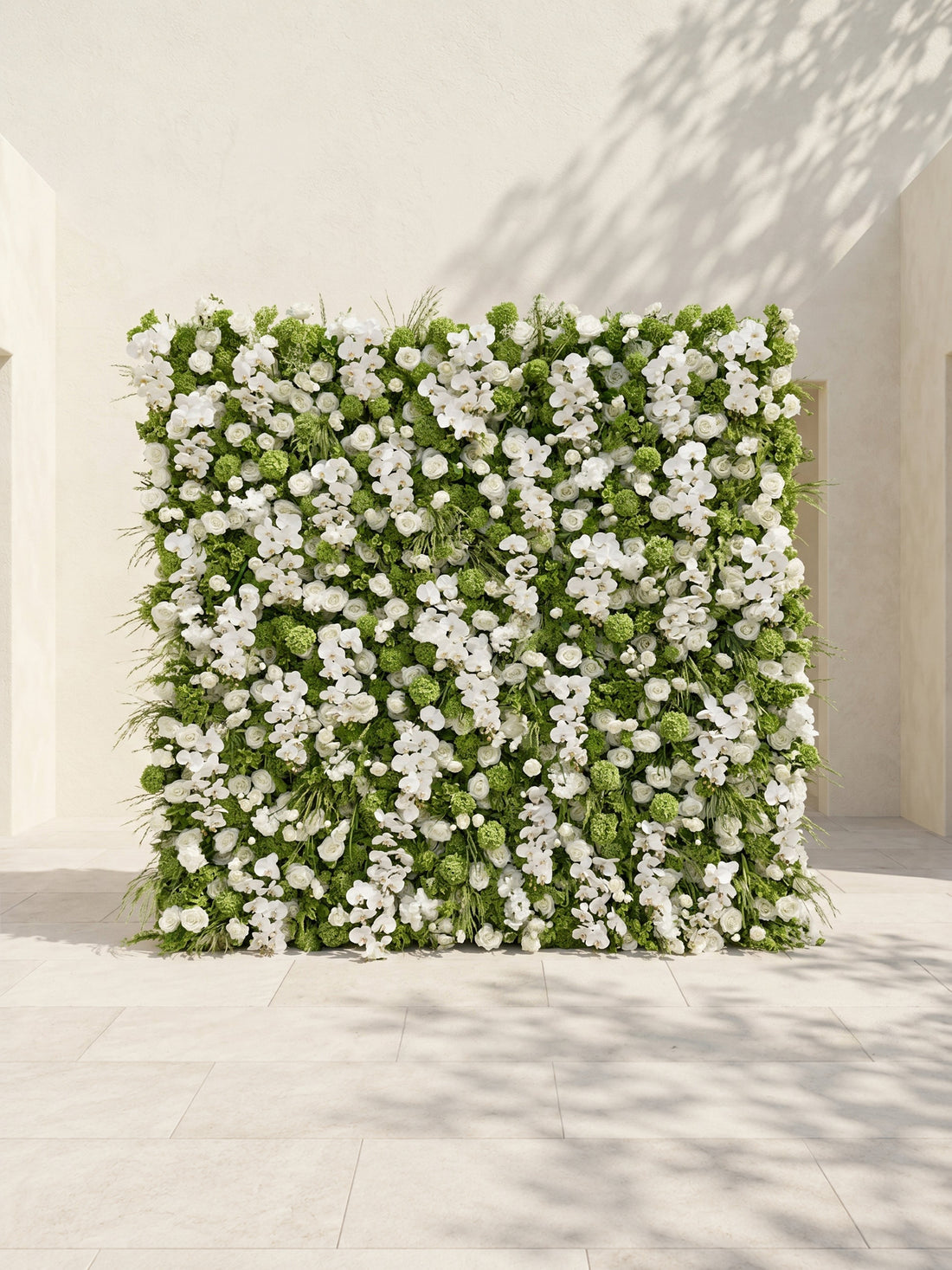 Evelaria: Luxury 5D White &amp; Green Silk Floral Wall Roll-Up Backdrop for Edgy Romantic Weddings