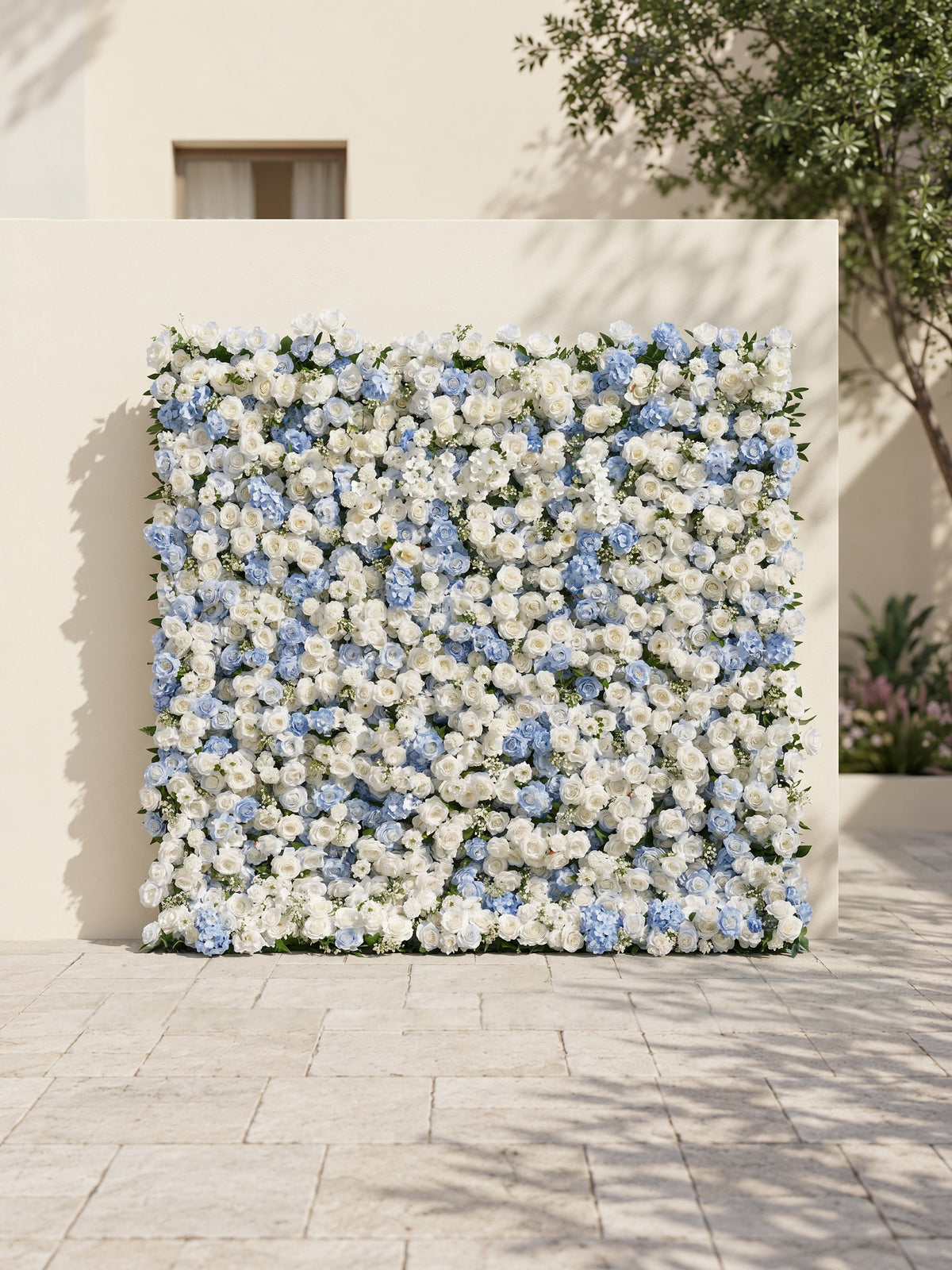 Embermira: Luxury 4D Ice White &amp; Sky Blue Silk Floral Wall Backdrop for Destination Weddings