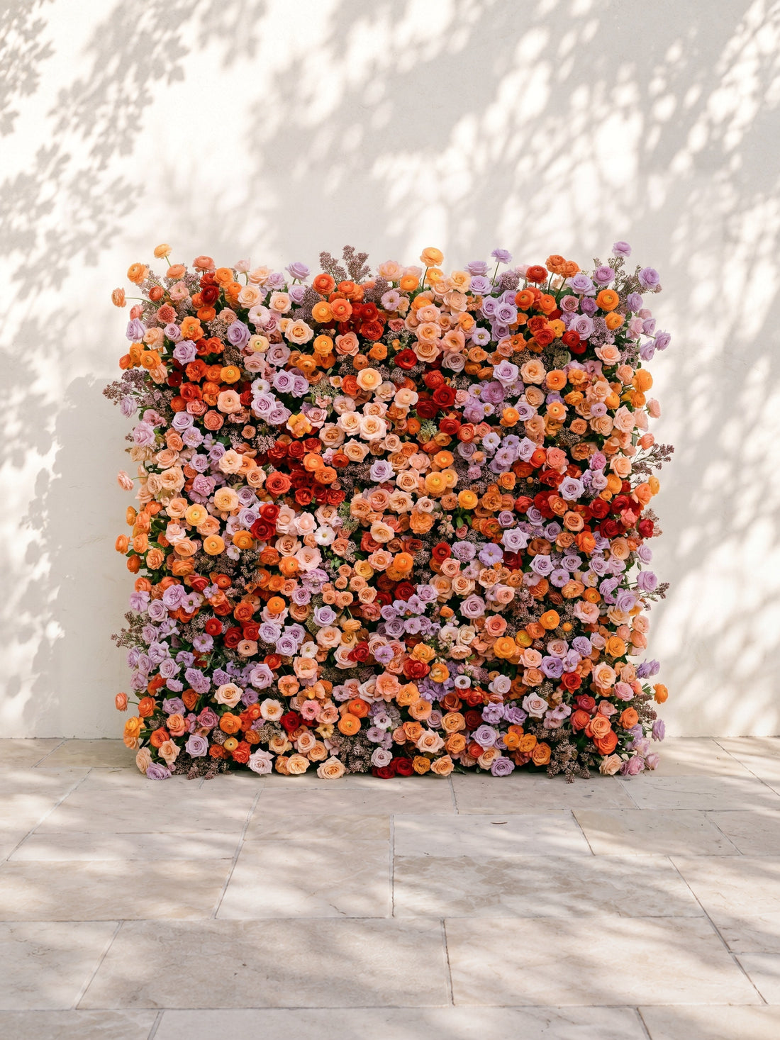Daelyne: Luxury 5D Sunset Orange &amp; Lavender Silk Floral Wall Roll-Up Fabric Backdrop for Warm Summer Weddings