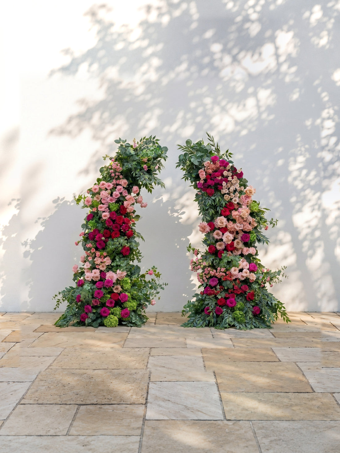 Verlyn: Luxury Blush Pink, Deep Rose Red &amp; Fresh Green Silk Floral Ground Horn Arch Arrangement with Lush Cascading Eucalyptus Greenery for Romantic Minimalist Weddings &amp; Garden Event Decor Including Frame