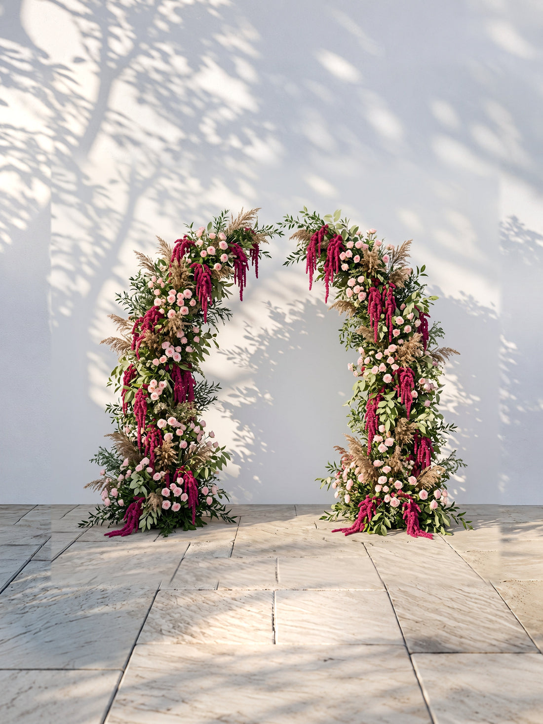 Vallora:Luxury Blush Pink, Burgundy Amaranthus &amp; Neutral Pampas Silk Floral Ground Horn Arch Arrangement with Soft Sorelia &amp; Cascading Trailing Greenery for Romantic Minimalist Weddings &amp; Garden Event Decor Including Frame