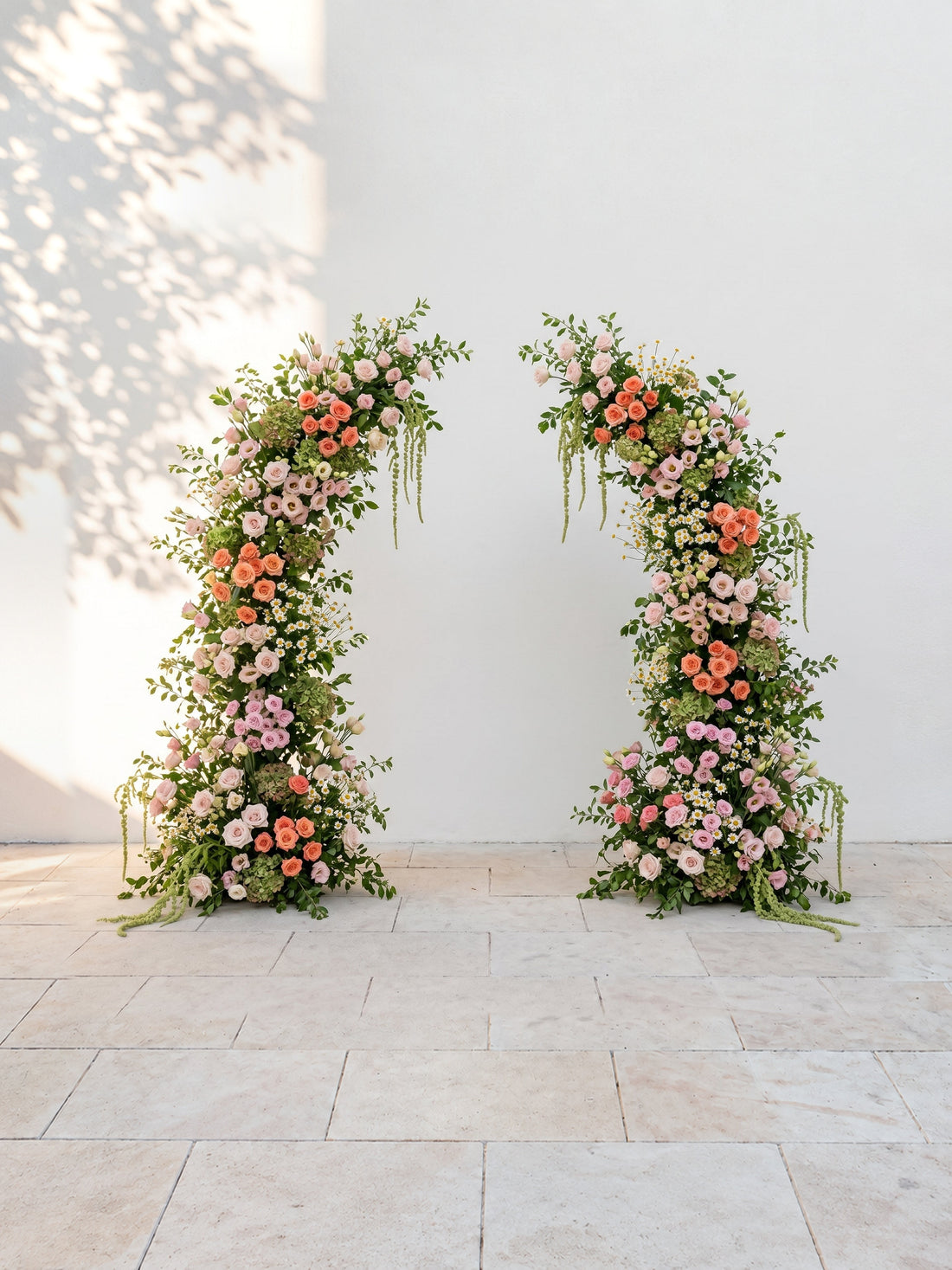 Seriva: Luxury Peach Orange, Blush Pink &amp; Ivory White Silk Floral Ground Horn Arch Arrangement with Soft Yellow Wild Daisy &amp; Lush Cascading Amaranthus Greenery for Romantic Minimalist Weddings &amp; Garden Event Decor Including Frame