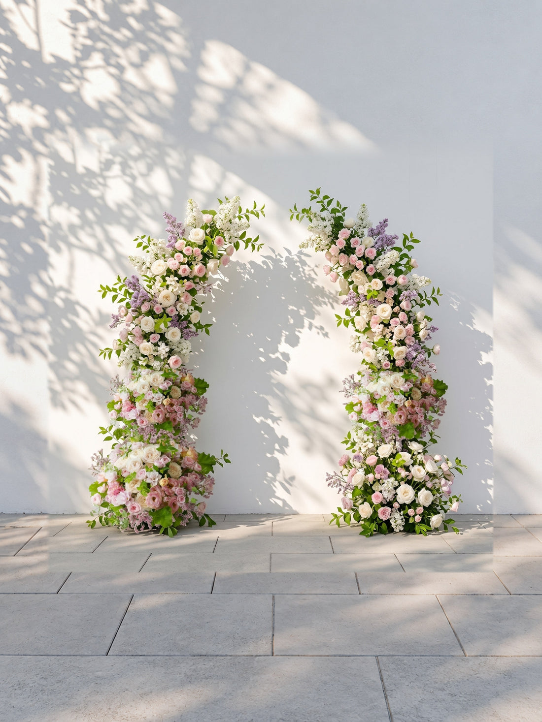 Norenviane: Luxury Lilac Purple, Ivory White &amp; Blush Pink Silk Floral Ground Horn Arch Arrangement with Soft Sorelia &amp; Lush Cascading Greenery for Romantic Minimalist Weddings &amp; Garden Event Decor Including Frame