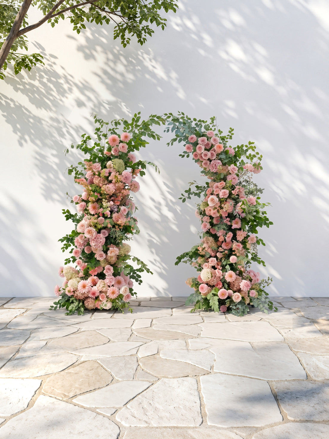 Norenavia: Luxury Blush Pink &amp; Soft Peach Floral Horn Arch Arrangement with Cascading Lush Greenery for Romantic Outdoor Garden Wedding &amp; Ceremony Event Decor Including Frame