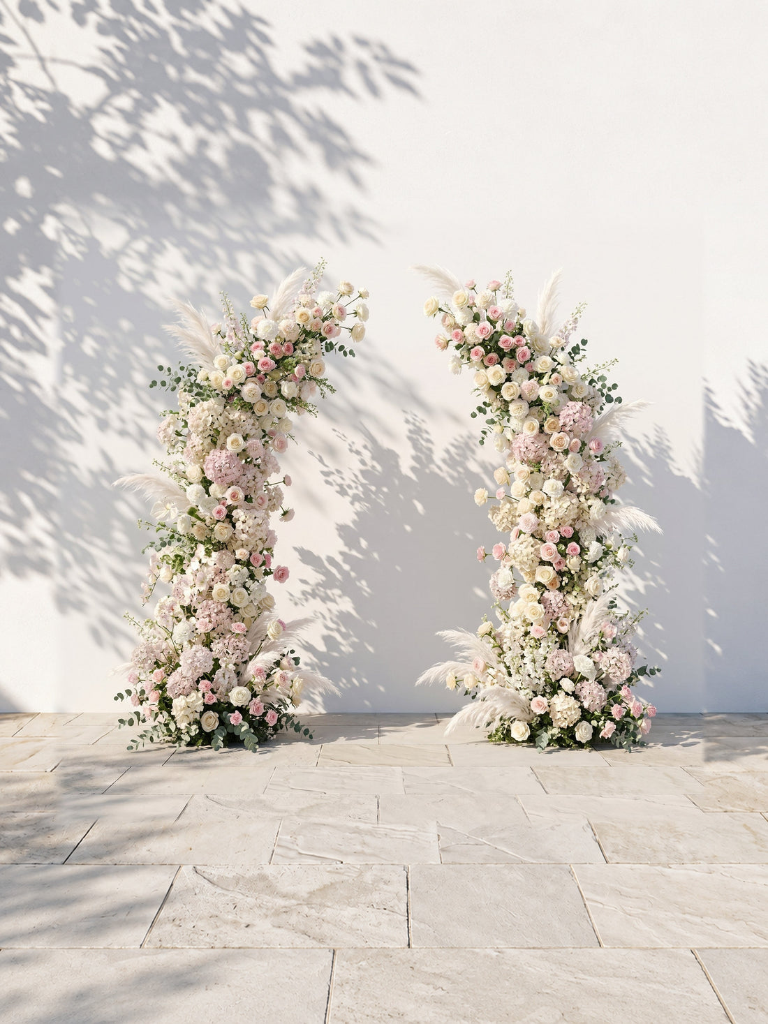 Morlora: Luxury Cream Ivory White, Soft Blush Pink Silk Floral Ground Horn Arch Arrangement with Soft Pampas Grass &amp; Lush Cascading Eucalyptus Greenery for Romantic Minimalist Weddings &amp; Garden Event Decor Including Frame