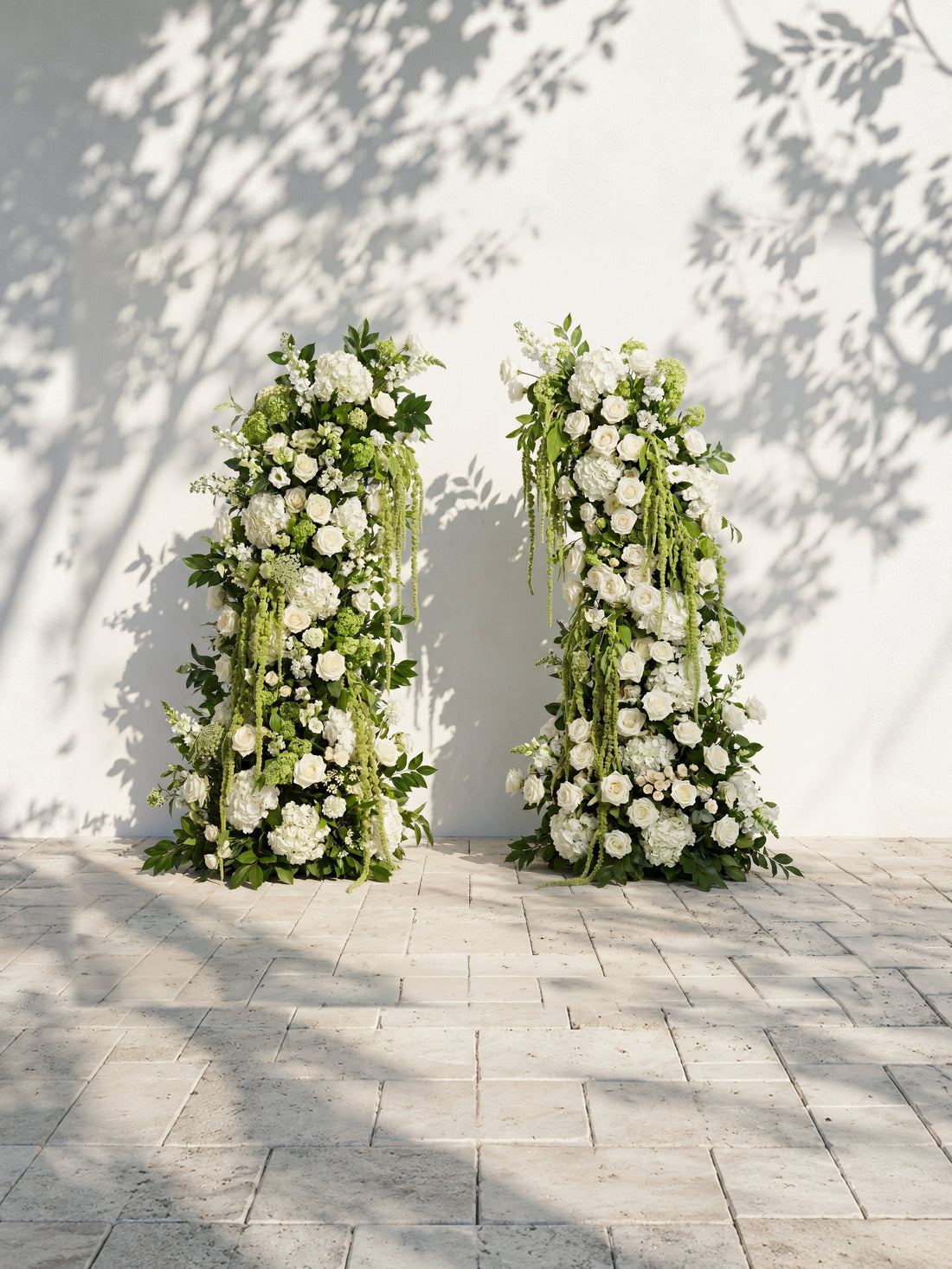 Mirie: Luxury Ivory White &amp; Fresh Green Silk Floral Ground Horn Arch Arrangement with Cascading Amaranthus Greenery for Romantic Minimalist Weddings &amp; Garden Event Decor Including Frame