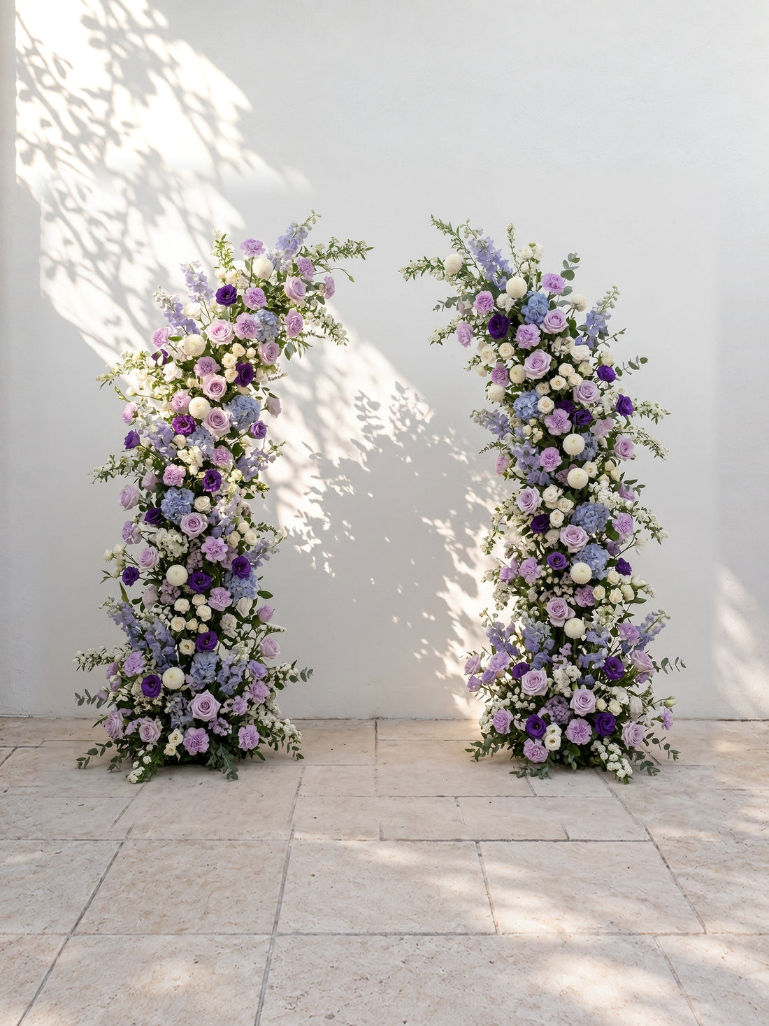 Marmere: Luxury Lavender Purple, Ivory White &amp; Dusty Blue Silk Floral Ground Horn Arch Arrangement with Soft Delphinium &amp; Lush Cascading Greenery for Romantic Minimalist Weddings &amp; Garden Event Decor Including Frame