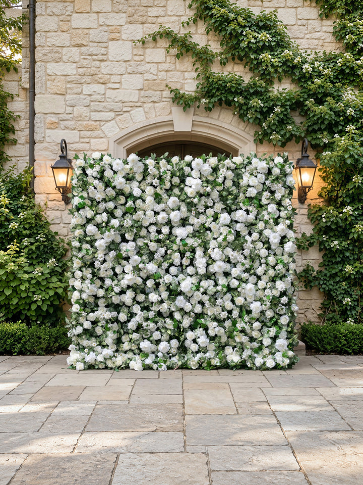 Zirel: 3D Timeless White Flower Wall with Greenery Roll-Up Fabric Backdrop for Luxury Events & Garden Wedding Decor
