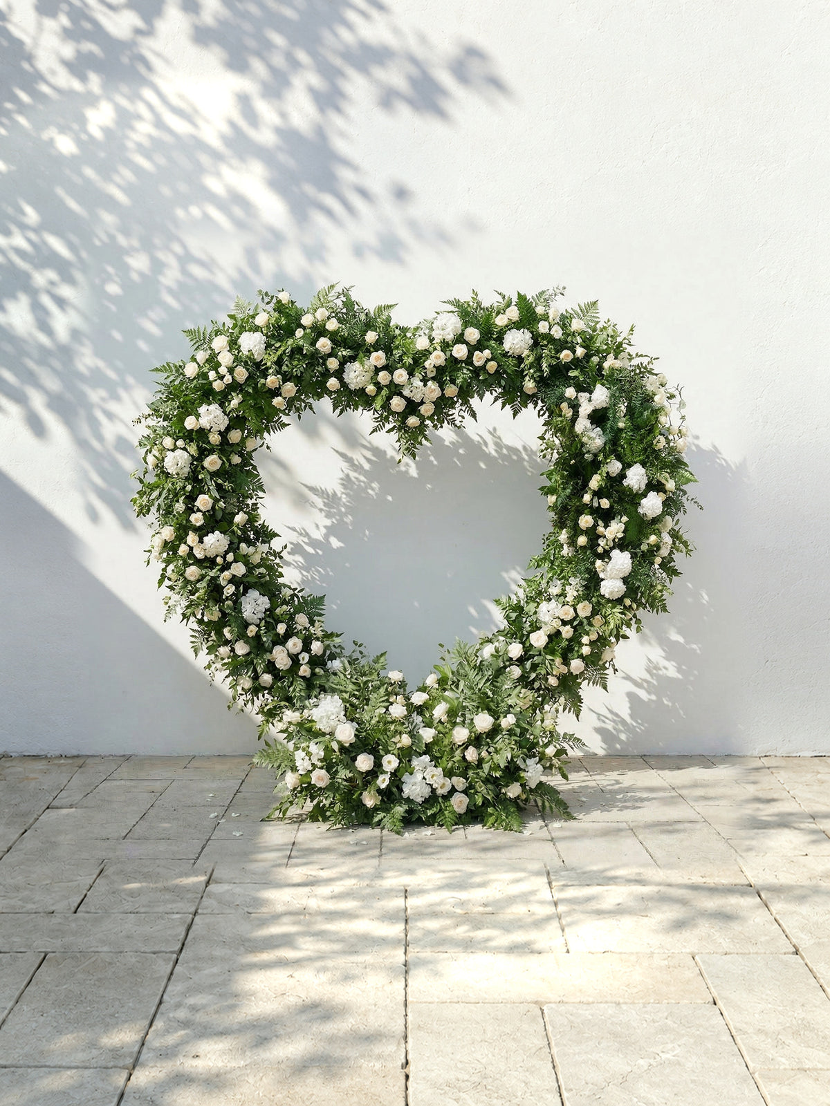 Virelia: Heart-Shaped White Silk Rose and Greenery Flower Arch Floral Arrangement for Romantic Weddings