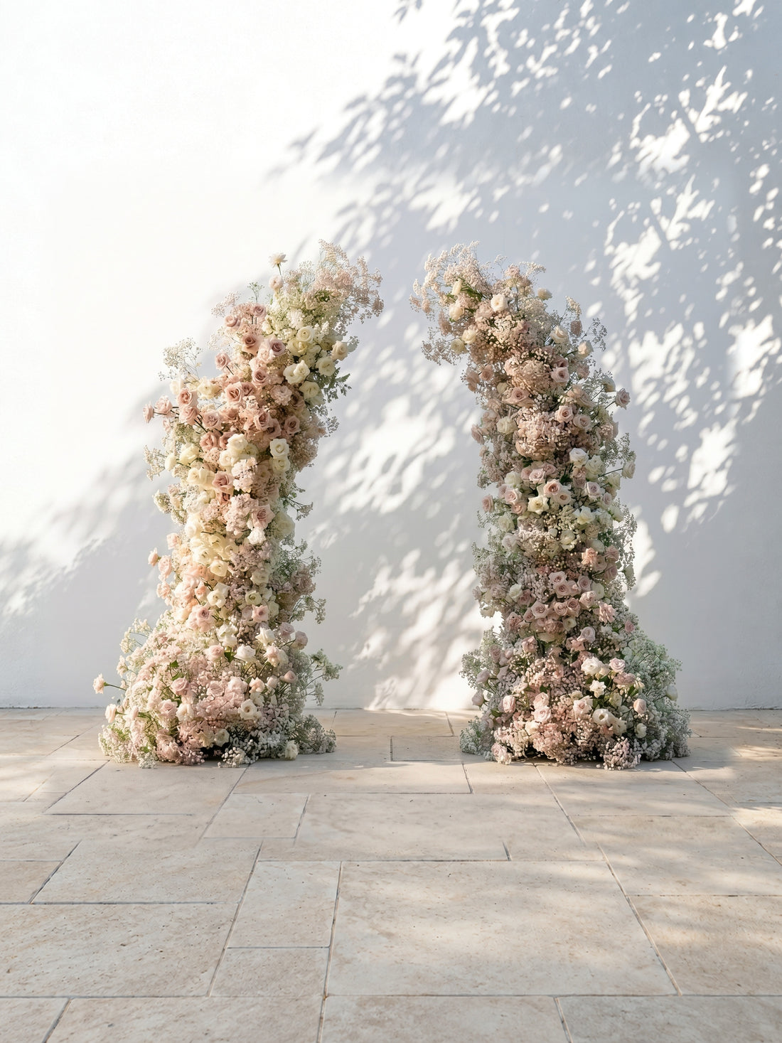 Gemessa: Luxury Ivory White Silk Floral Ground Horn Arch Arrangement with Cascading Amaranthus Greenery for Romantic Minimalist Weddings &amp; Garden Event Decor Including Frame