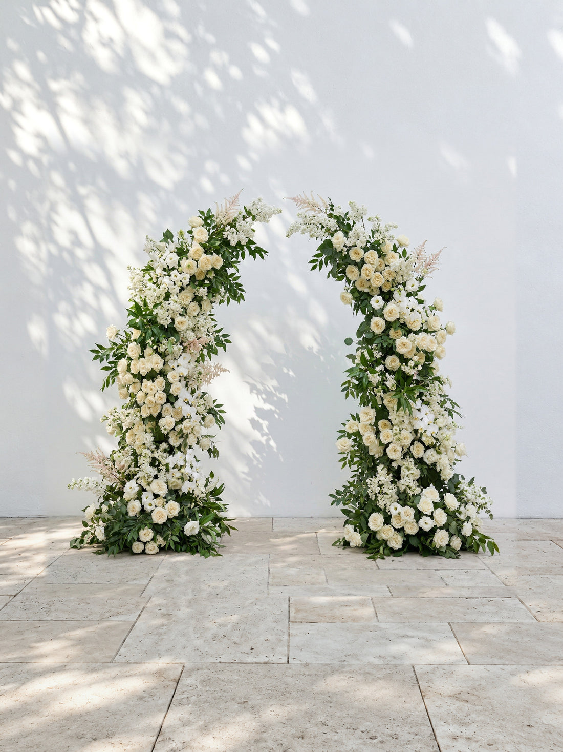 Calnora: Luxury Ivory White, Cream &amp; Fresh Green Silk Floral Ground Horn Arch Arrangement with Flowing Cascading Astilbe Greenery for Romantic Minimalist Weddings &amp; Garden Event Decor Including Frame