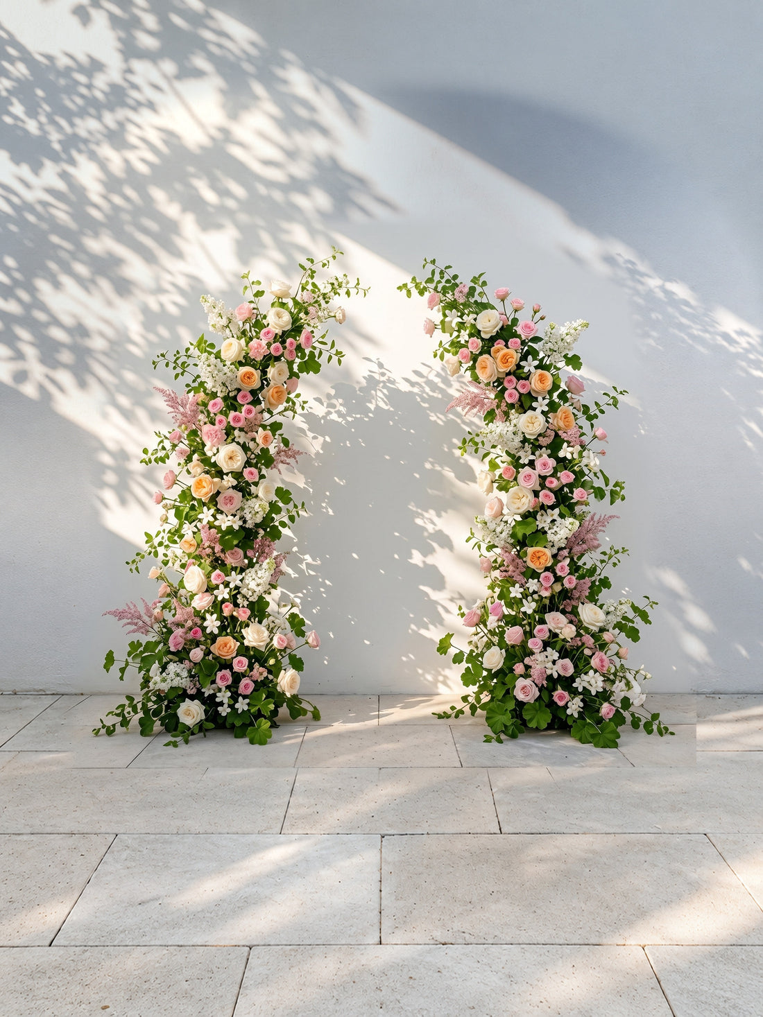 Livyne: Luxury Peach Orange, Ivory White &amp; Blush Pink Silk Floral Ground Horn Arch Arrangement with Soft Astilbe &amp; Lush Cascading Greenery for Romantic Minimalist Weddings &amp; Garden Event Decor Including Frame