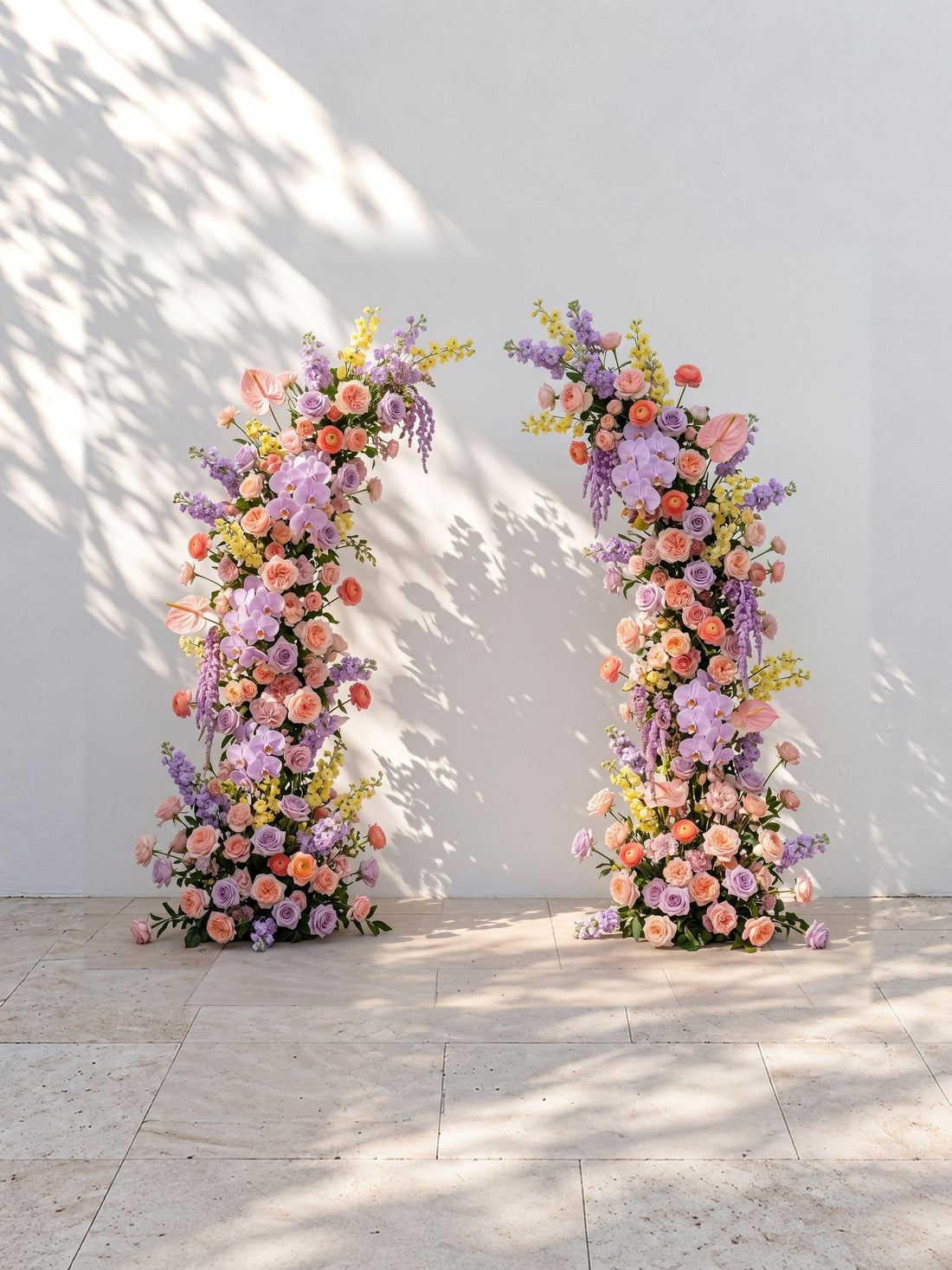 Brimira: Luxury Lavender Purple, Peach Orange &amp; Blush Pink Silk Floral Ground Horn Arch Arrangement with Soft Blue Orchid &amp; Lush Cascading Greenery for Romantic Minimalist Weddings &amp; Garden Event Decor Including Frame