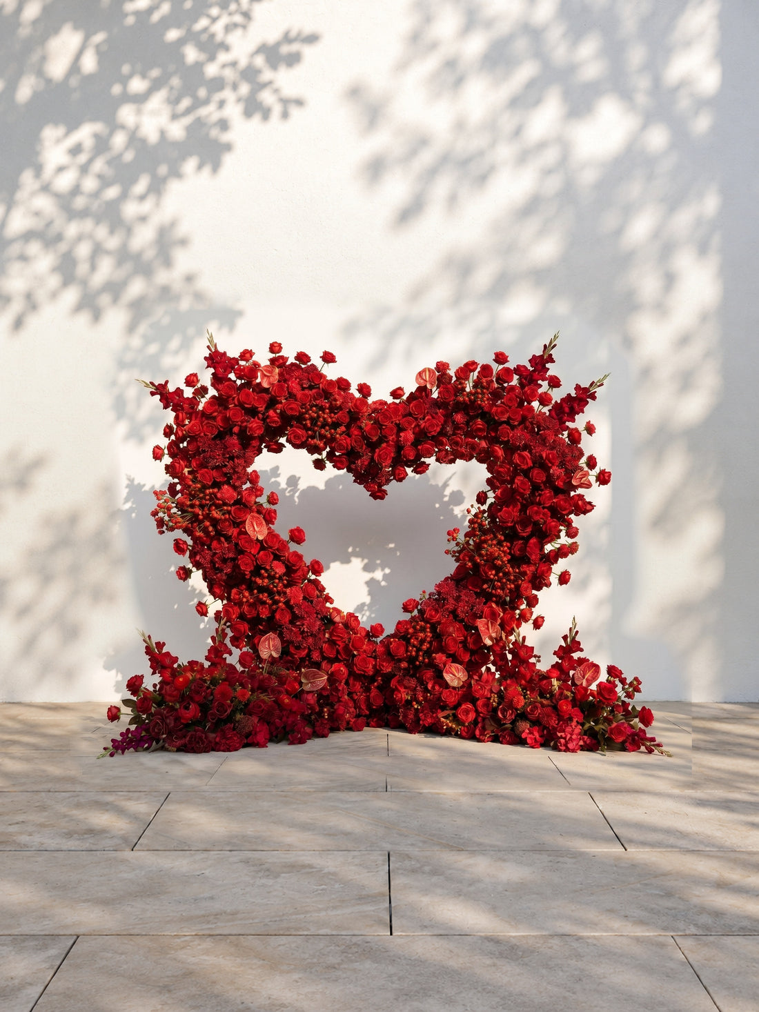 Novira: Heart-Shaped Red Floral Silk Flower Arch Floral Arrangement for Boho Weddings