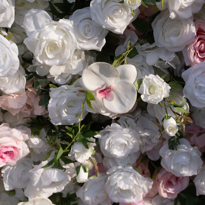 Rowan: 5D White Silk Rose and orchid with pink roses Flower Wall Roll-Up Fabric Backdrop for Elegant Weddings &amp; Events Decoration