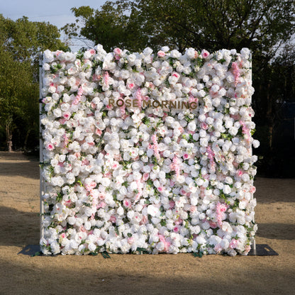 Rowan: 5D White Silk Rose and orchid with pink roses Flower Wall Roll-Up Fabric Backdrop for Elegant Weddings &amp; Events Decoration
