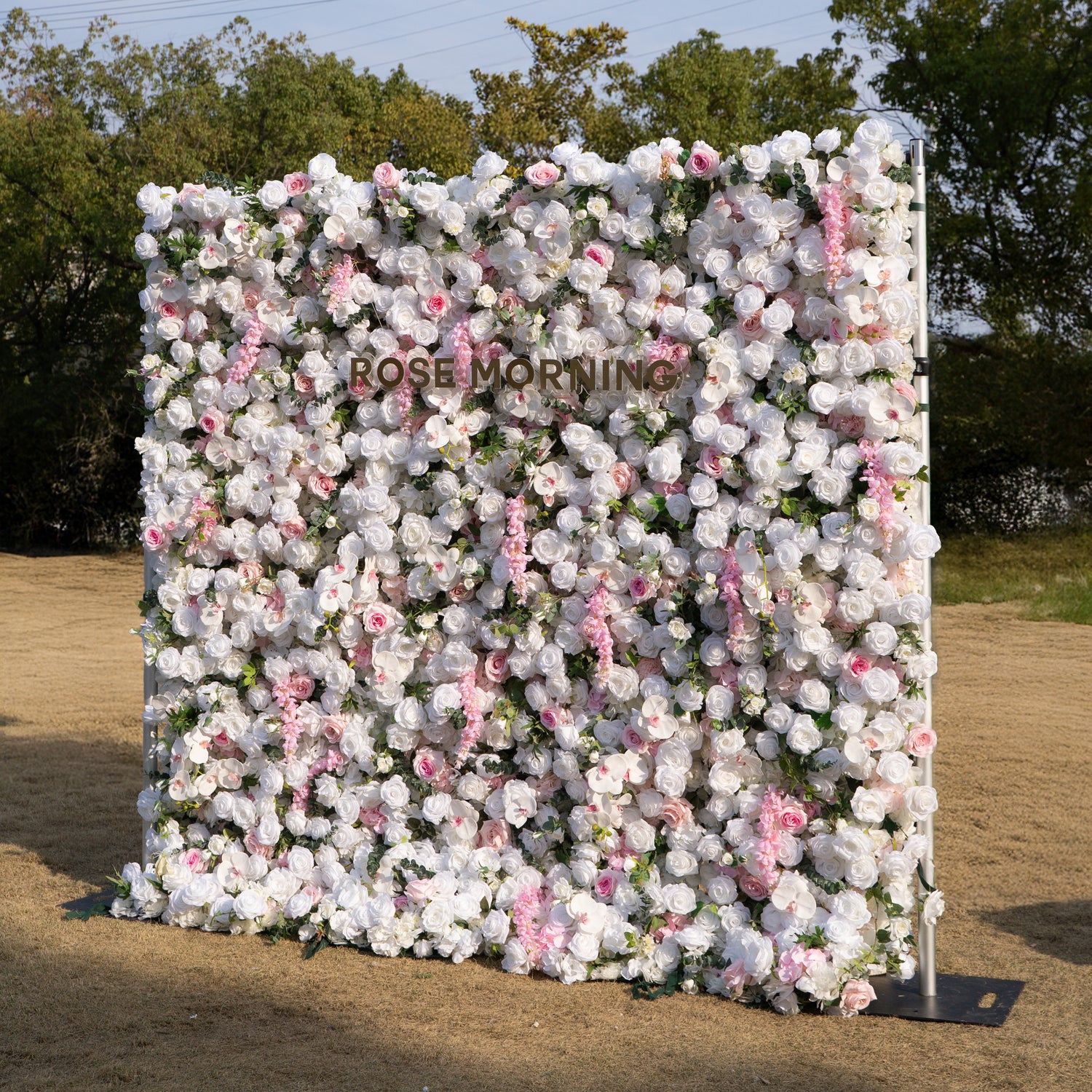 Rowan: 5D White Silk Rose and orchid with pink roses Flower Wall Roll-Up Fabric Backdrop for Elegant Weddings &amp; Events Decoration