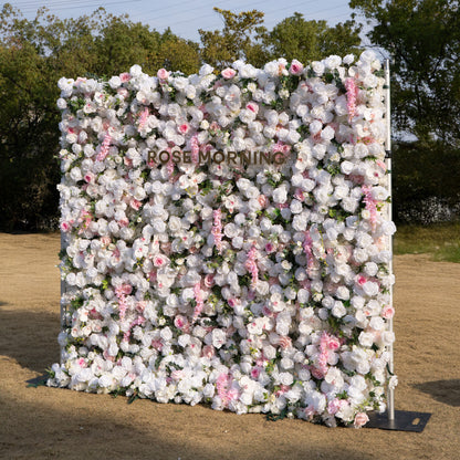 Rowan: 5D White Silk Rose and orchid with pink roses Flower Wall Roll-Up Fabric Backdrop for Elegant Weddings &amp; Events Decoration