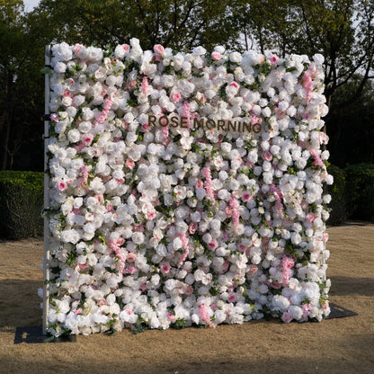 Rowan: 5D White Silk Rose and orchid with pink roses Flower Wall Roll-Up Fabric Backdrop for Elegant Weddings &amp; Events Decoration