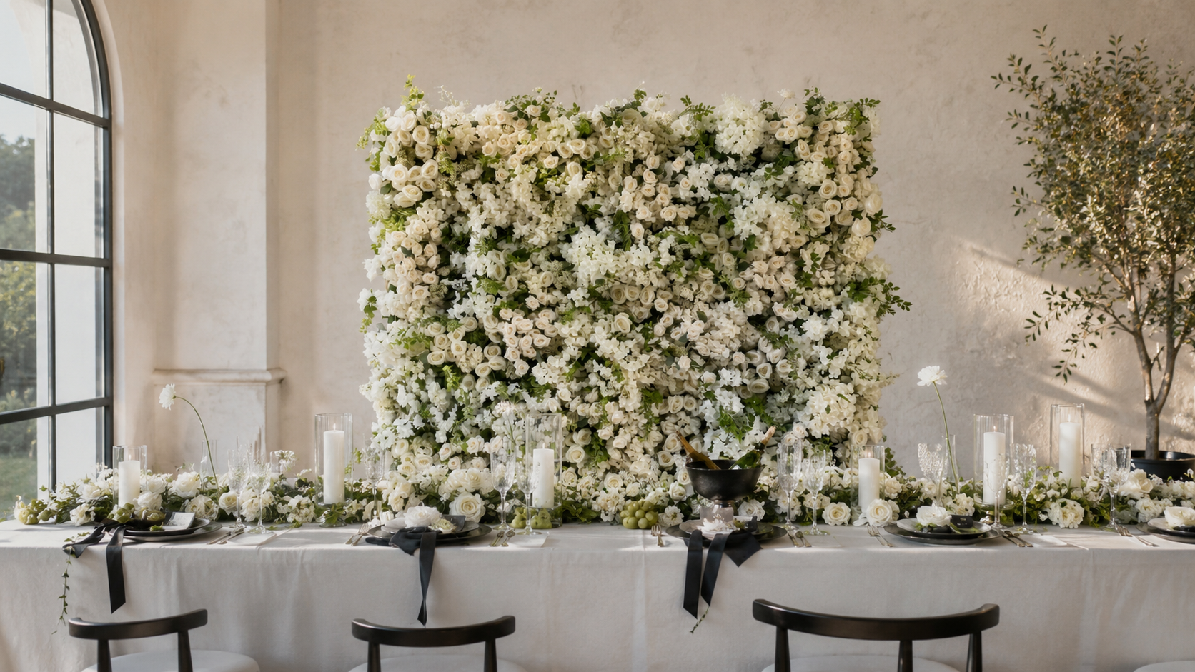 Seasonal white and olive flower wall styled for an indoor wedding reception