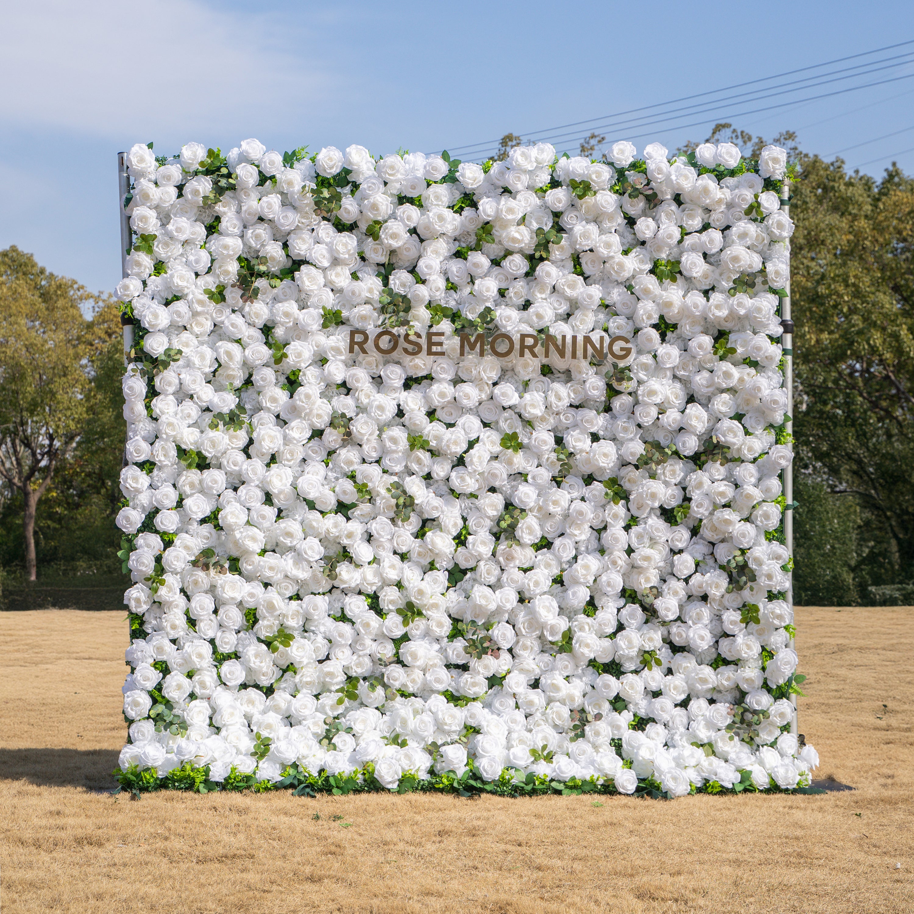 Seren: 3D Luxury White Rose &amp; Greenery Silk Floral Wall Roll-Up Fabric Backdrop for Elegant Ceremonies &amp; Garden Receptions