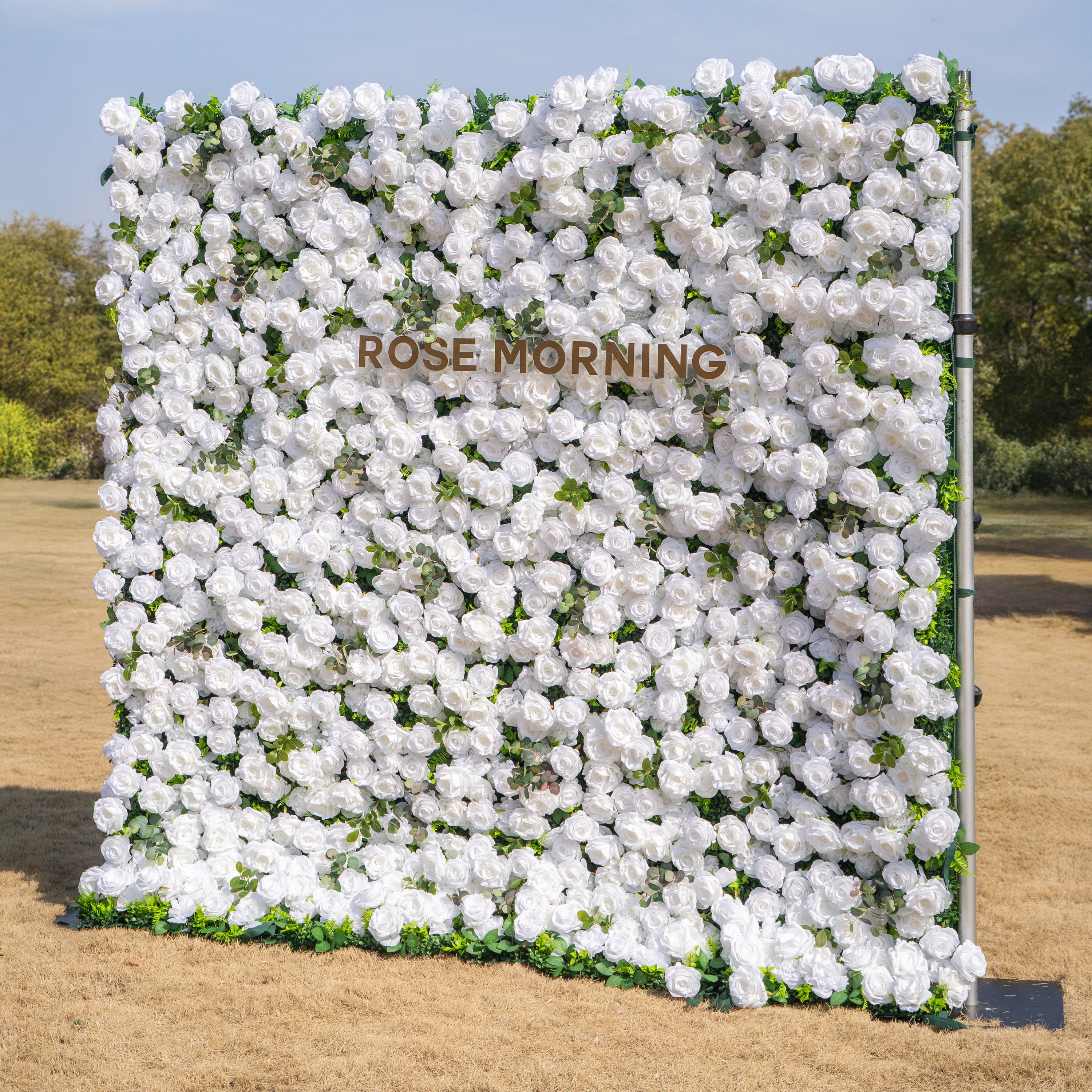 Seren: 3D Luxury White Rose &amp; Greenery Silk Floral Wall Roll-Up Fabric Backdrop for Elegant Ceremonies &amp; Garden Receptions