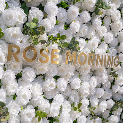 Seren: 3D Luxury White Rose &amp; Greenery Silk Floral Wall Roll-Up Fabric Backdrop for Elegant Ceremonies &amp; Garden Receptions
