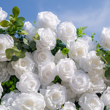 Seren: 3D Luxury White Rose &amp; Greenery Silk Floral Wall Roll-Up Fabric Backdrop for Elegant Ceremonies &amp; Garden Receptions