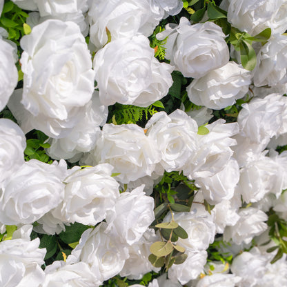 Seren: 3D Luxury White Rose &amp; Greenery Silk Floral Wall Roll-Up Fabric Backdrop for Elegant Ceremonies &amp; Garden Receptions