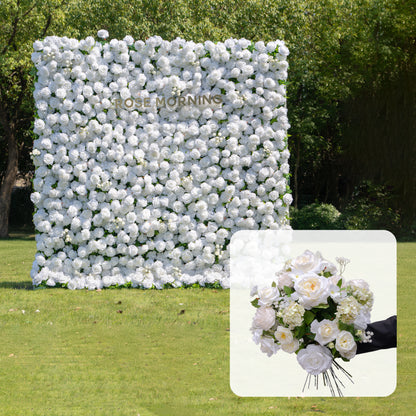 CP Shy with White Flowers: One Fabric Backdrop Artificial rolling up flower wall+ extra Loose Flowers