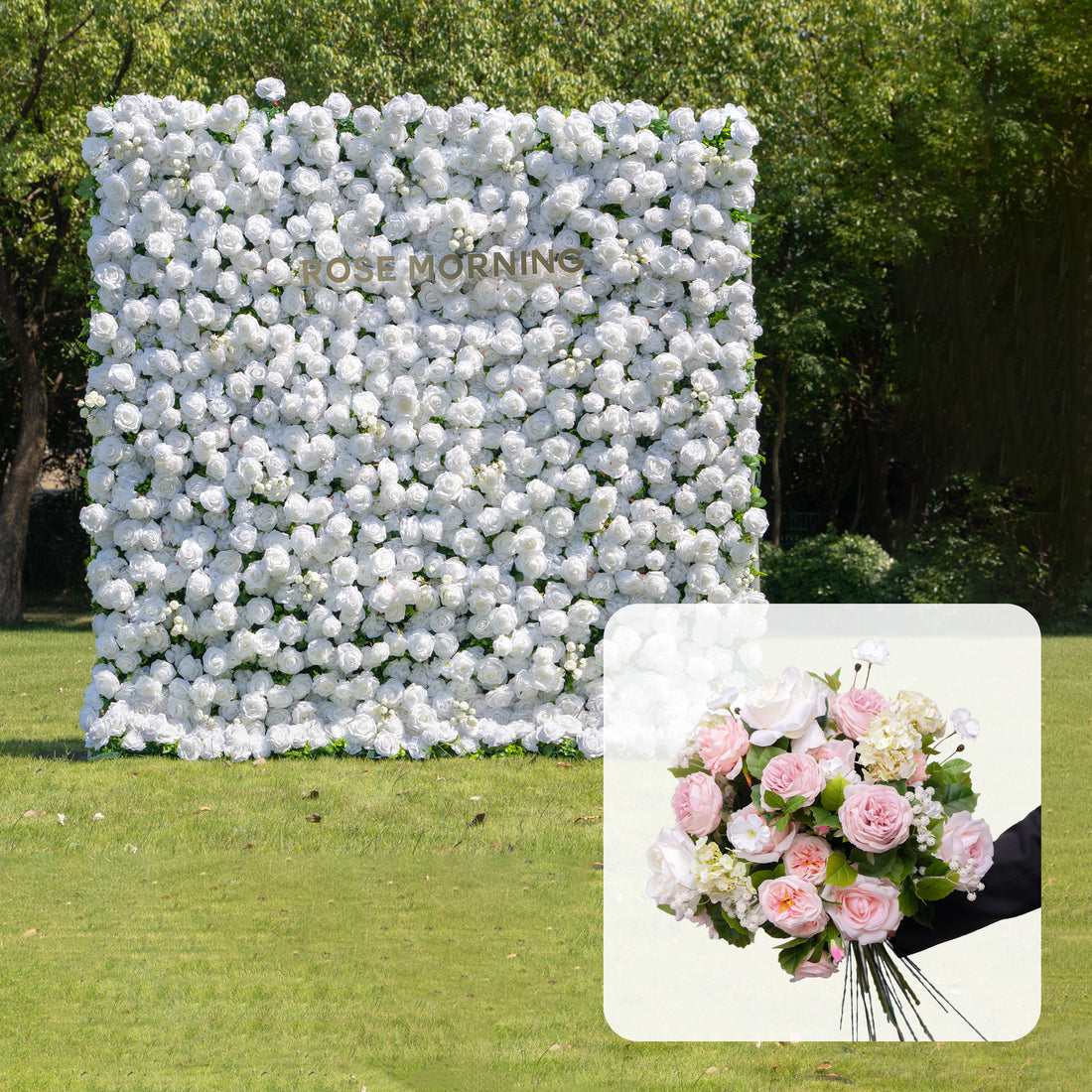 CP Shy with Pink Flowers: One Fabric Backdrop Artificial rolling up flower wall+ extra Loose Flowers