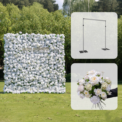 CP Shy with White Flowers and Stand: One Fabric Backdrop Artificial rolling up flower wall+ extra Loose Flowers+ 1 Flower Wall Stand