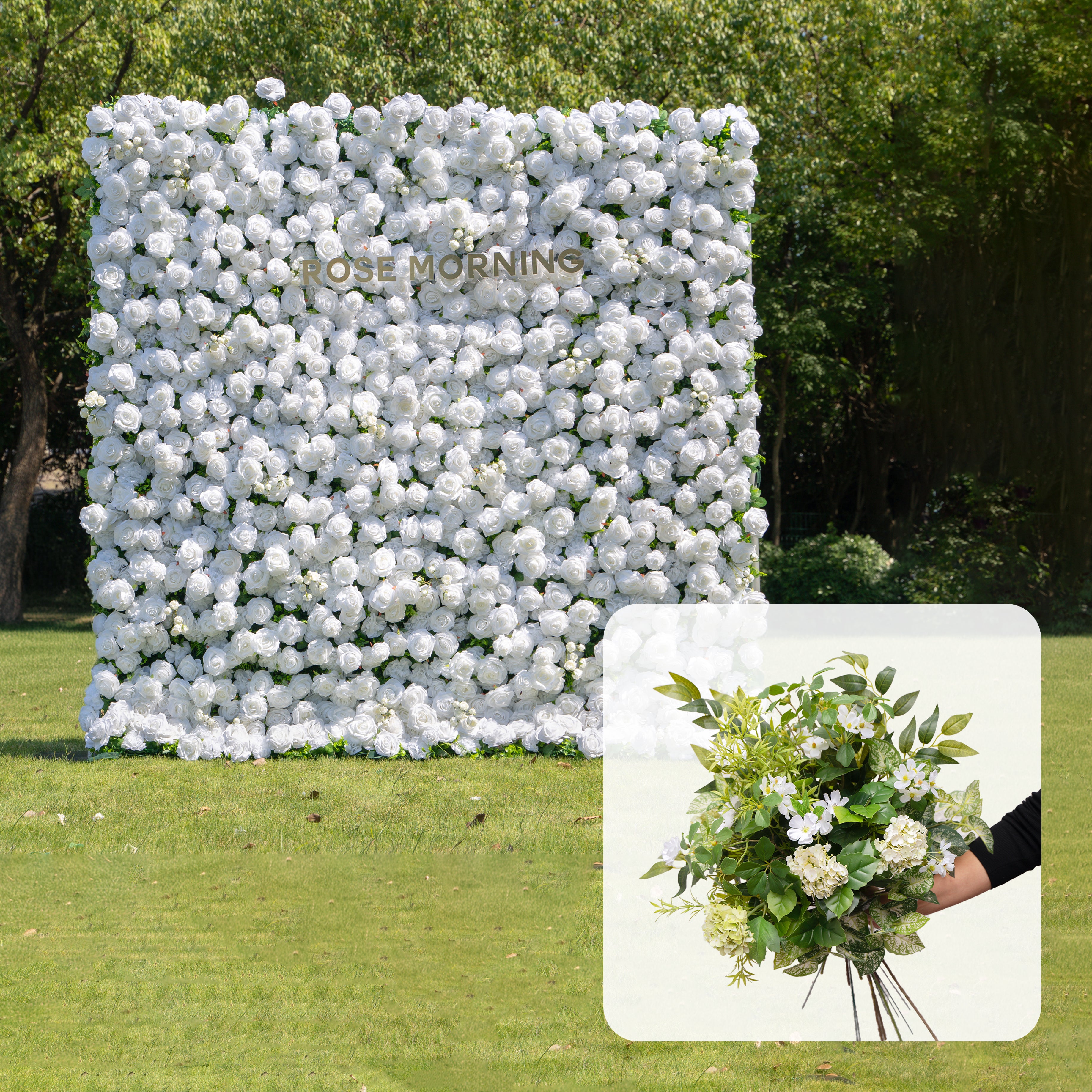 CP Shy with Green Flowers: One Fabric Backdrop Artificial rolling up flower wall+ extra Loose Flowers