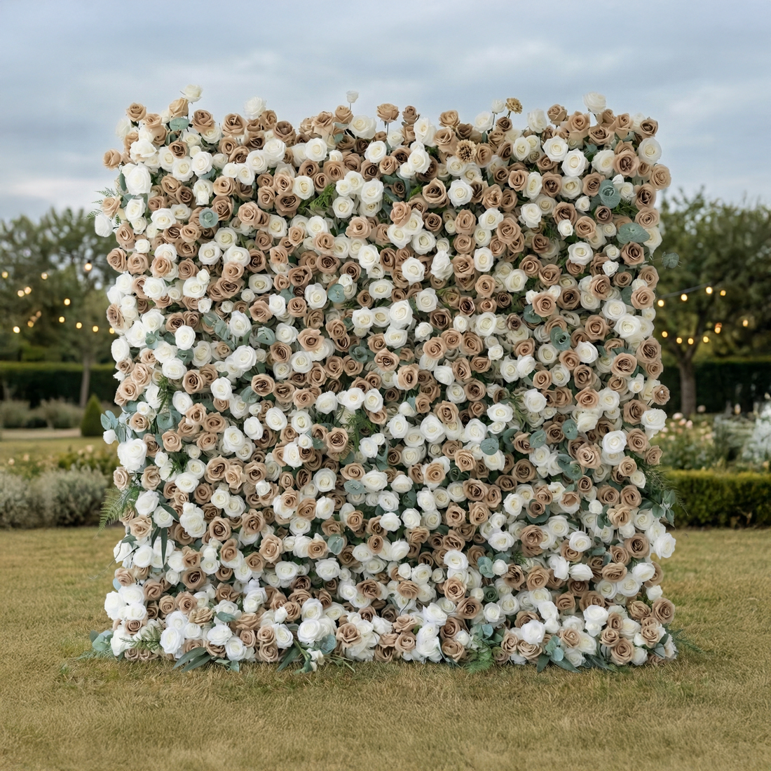Sorcha: 5D Luxury Latte &amp; Cream Silk Rose Flower Wall Roll-Up Fabric Backdrop for Grand Manor Weddings &amp; Events