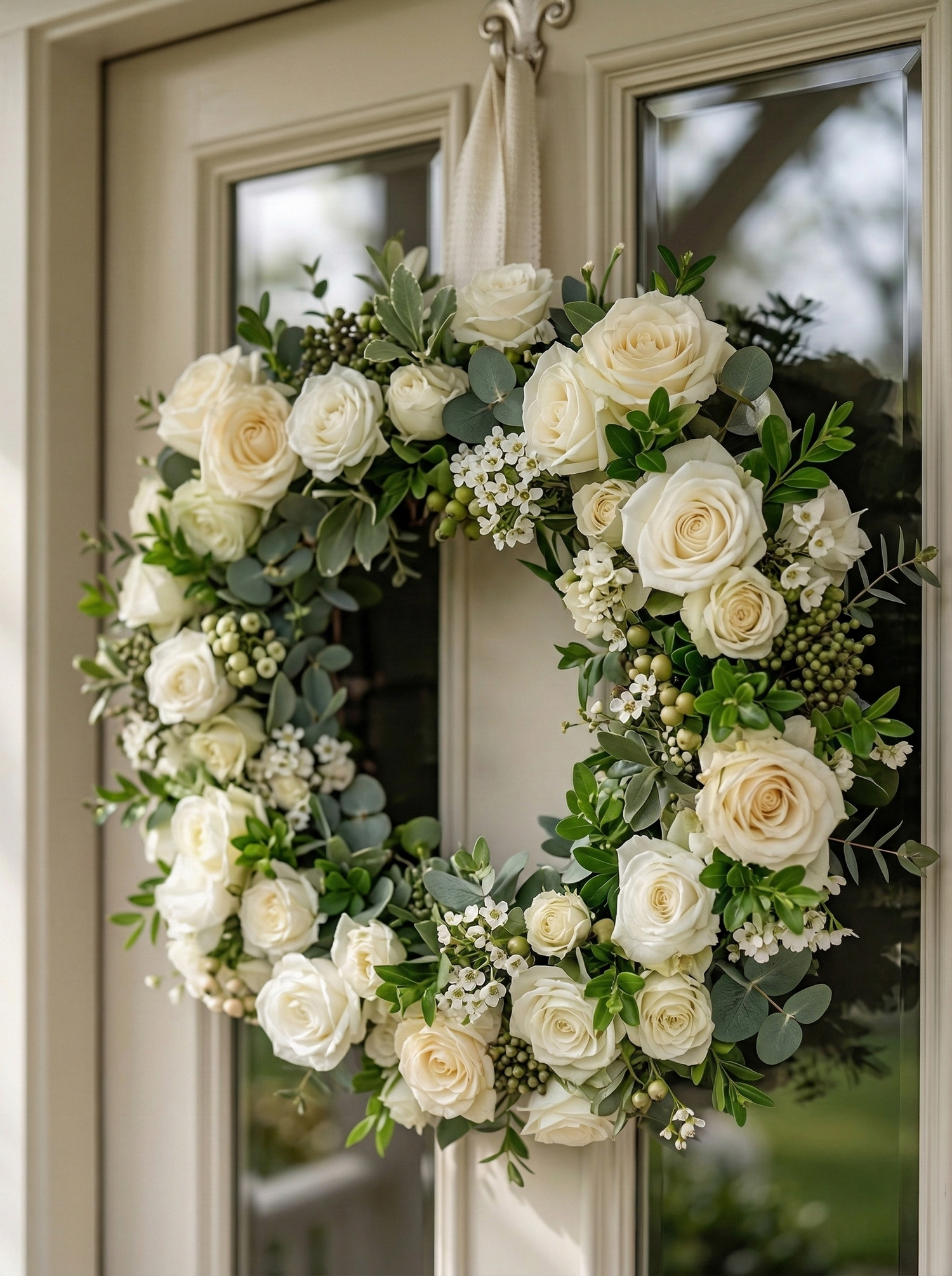 21.65"New Summer Style Wreath with White Roses and Greenery For Door Hanging