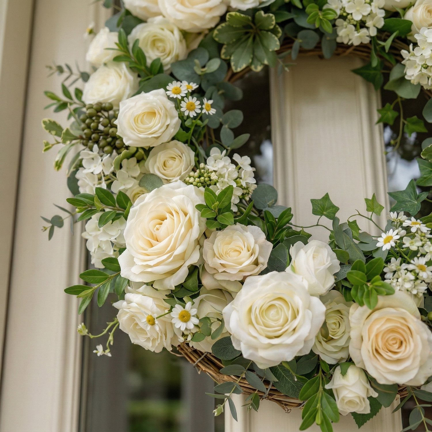 21.65"New Summer Style Wreath with White Roses and Greenery For Door Hanging