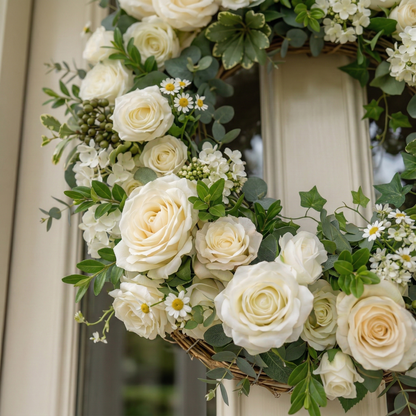 21.65"New Summer Style Wreath with White Roses and Greenery For Door Hanging