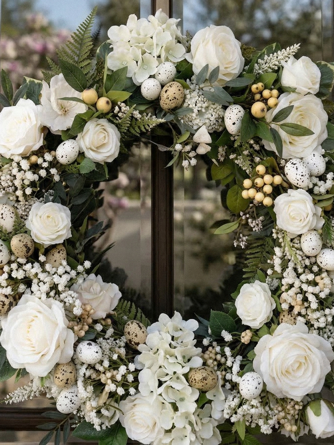 2026 New Style 21.65" Hanging Wreath with Artifial White Roses Babybreath and quail eggs For Door Hanging
