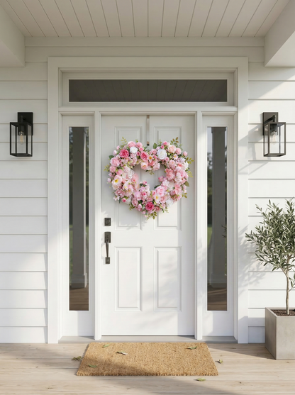 21.65"New Spring Style Wreath Heart shape with Pink Roses For Door Hanging