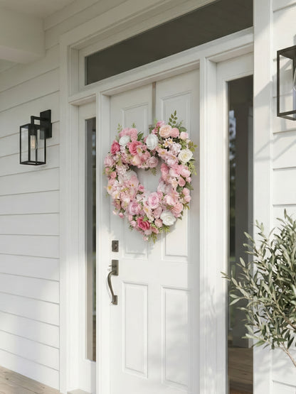 21.65"New Spring Style Wreath Heart shape with Pink Roses For Door Hanging