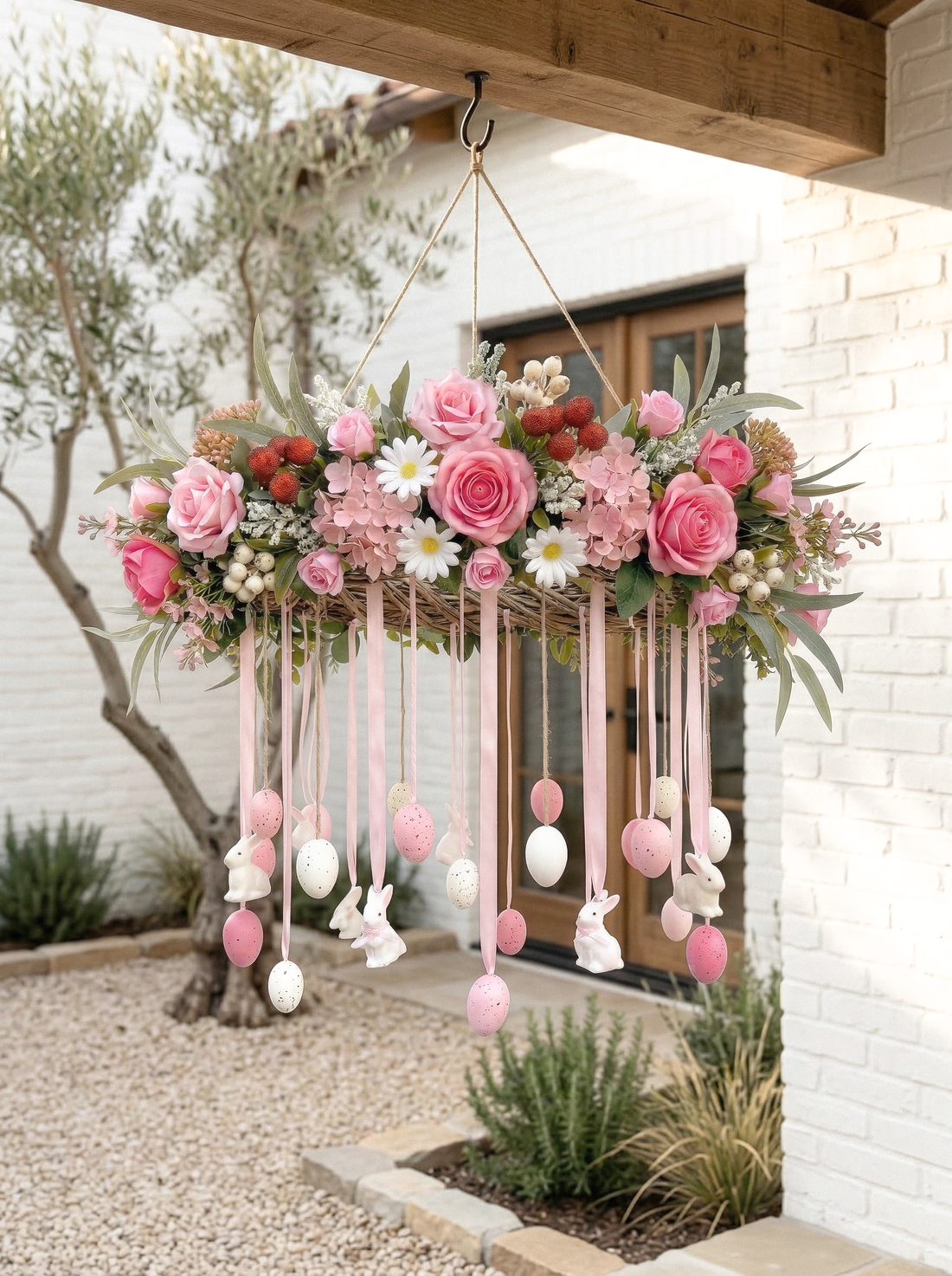 New Spring Style Hanging Wreath Garland 25.59” with Pink Roses and white Daisy