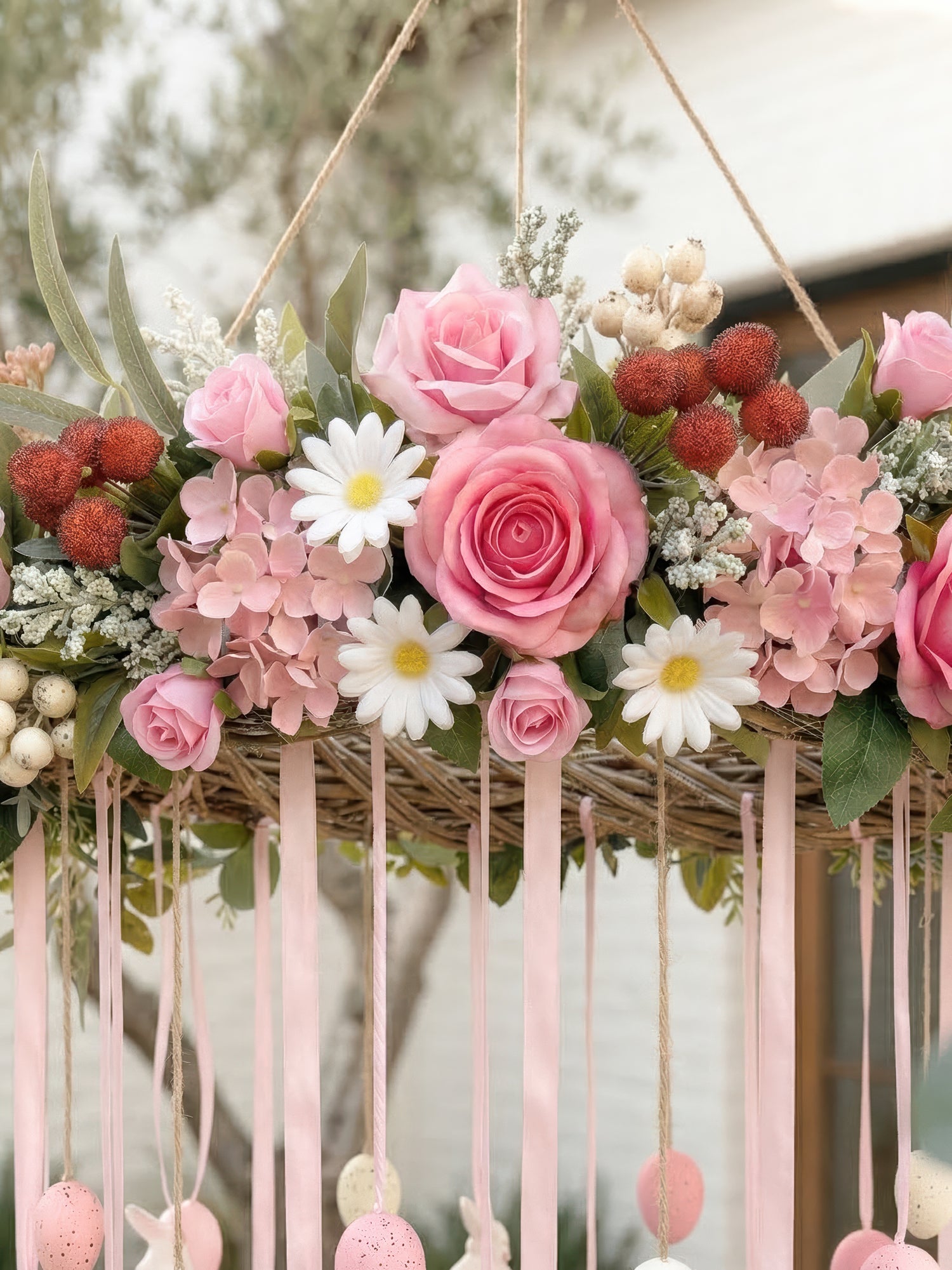 New Spring Style Hanging Wreath Garland 25.59” with Pink Roses and white Daisy