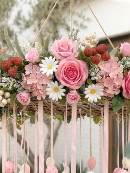 New Spring Style Hanging Wreath Garland 25.59” with Pink Roses and white Daisy