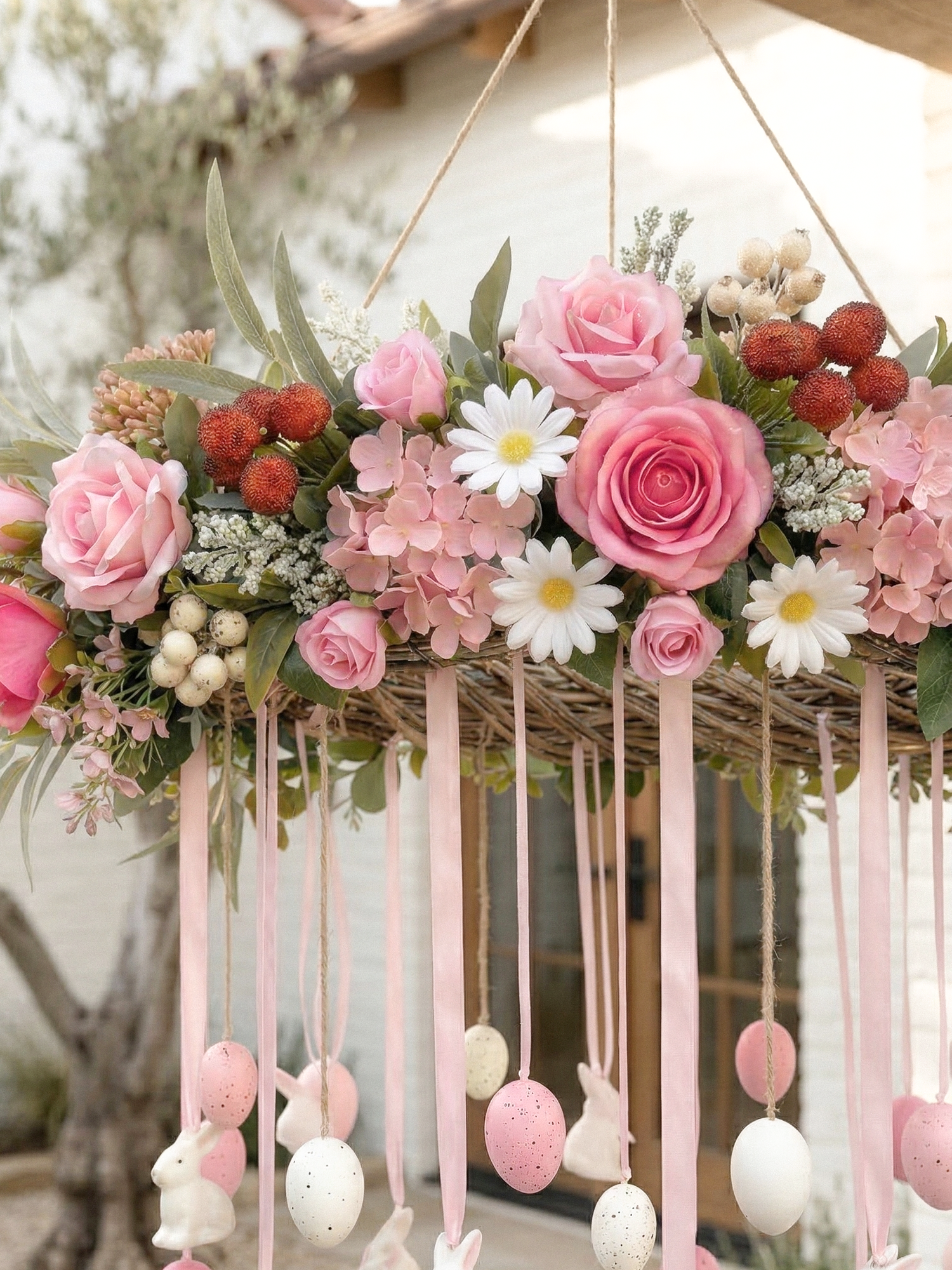 New Spring Style Hanging Wreath Garland 25.59” with Pink Roses and white Daisy