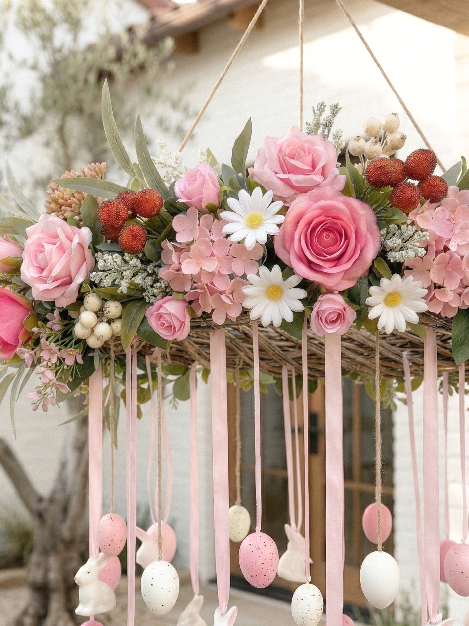 New Spring Style Hanging Wreath Garland 25.59” with Pink Roses and white Daisy