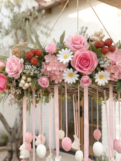New Spring Style Hanging Wreath Garland 25.59” with Pink Roses and white Daisy