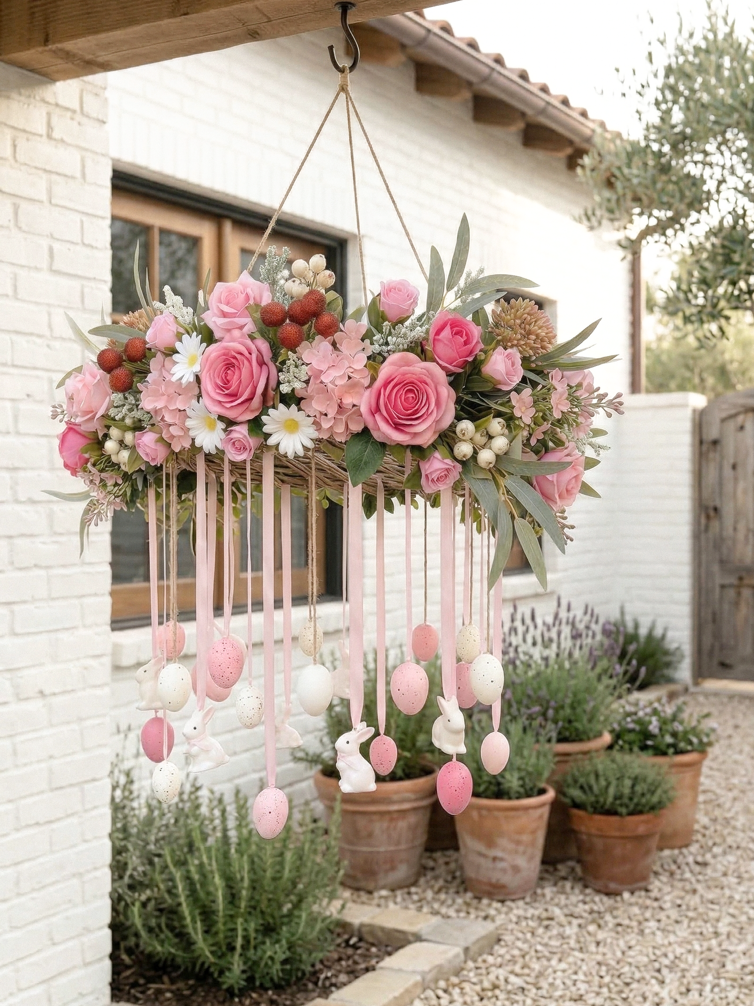 New Spring Style Hanging Wreath Garland 25.59” with Pink Roses and white Daisy