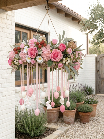 New Spring Style Hanging Wreath Garland 25.59” with Pink Roses and white Daisy