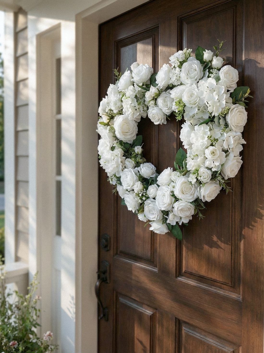 2026 New Classic Heart Shape Garland Wreath 21.65"with White Roses For Door Hanging