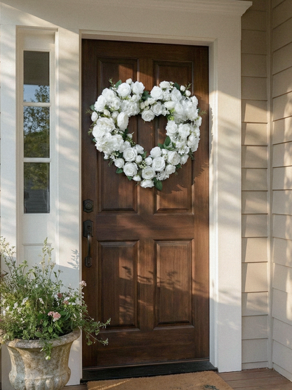 2026 New Classic Heart Shape Garland Wreath 21.65"with White Roses For Door Hanging